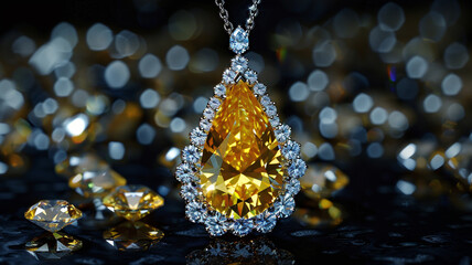 Diamond necklace with large yellow pearl cut diamond on black background. 