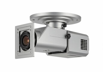 Silver Projector with Mounting Plate and Lens Detail on White Background