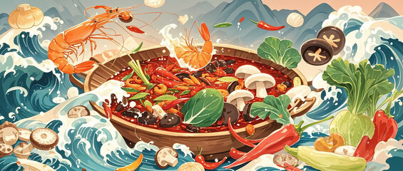 Chinese style gourmet, creative seafood hand-drawn illustration
