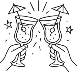 man and woman drinking champagne,Playful Line Drawing of Hands Holding Tropical Cocktail Glasses with Tiny Umbrellas – Fun Summer Vector Art
