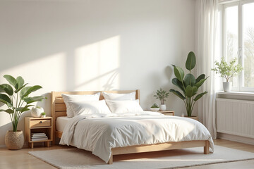 Minimalist bedroom with a serene mood, featuring natural light and plants against a clean, bright background