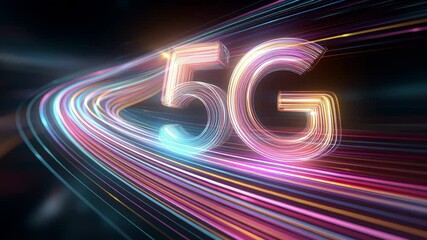 5g network digital communication technology with glowing neon light trails swirling dynamically in dark background creating futuristic atmosphere - Powered by Adobe