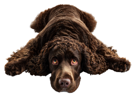 American Water Spaniel Lying Down in Relaxed Position with Head Raised, Top-Down Angle, Isolated on Transparent Background