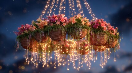 Fototapeta premium Floral chandelier, glowing lights, hanging baskets