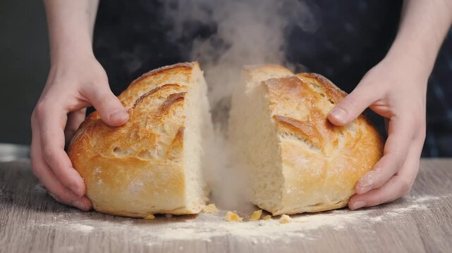 A baker's hands break a loaf of freshly baked, crusty bread in half, releasing a cloud of hot steam in slow motion