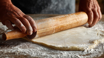 Rolling out pastry dough with wooden rolling pin