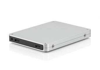 Sleek Silver External Solid State Drive on White Background