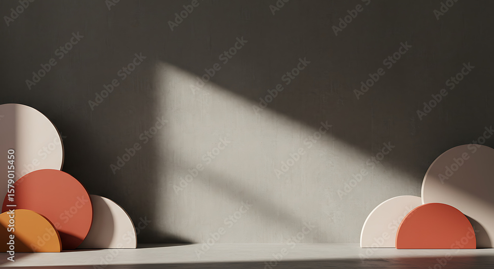 Aufkleber minimalist studio background with abstract geometric shapes in muted tones, featuring strong diagona