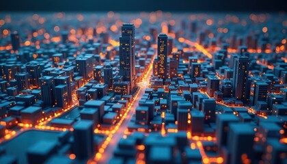 Modern Cityscape with Glowing Orange Lights and Blue Buildings