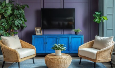 Interior of a modern living room with a beige sideboard over wooden paneling, complemented by a console table and armchairs for a contemporary home design. 3D rendering, Generative AI
