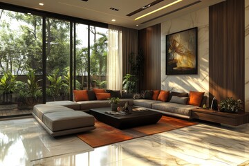 Fototapeta premium Modern living room interior 3D rendering, Generative AI