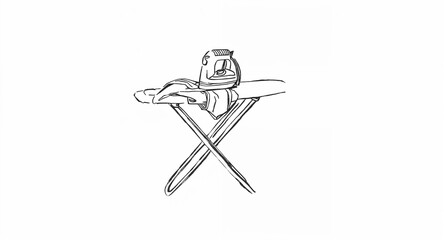Obraz premium Ironing board with folded iron line art hand drawing in plain white background