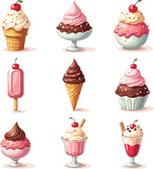 Collection of delicious ice cream treats with cherries in various styles on white background