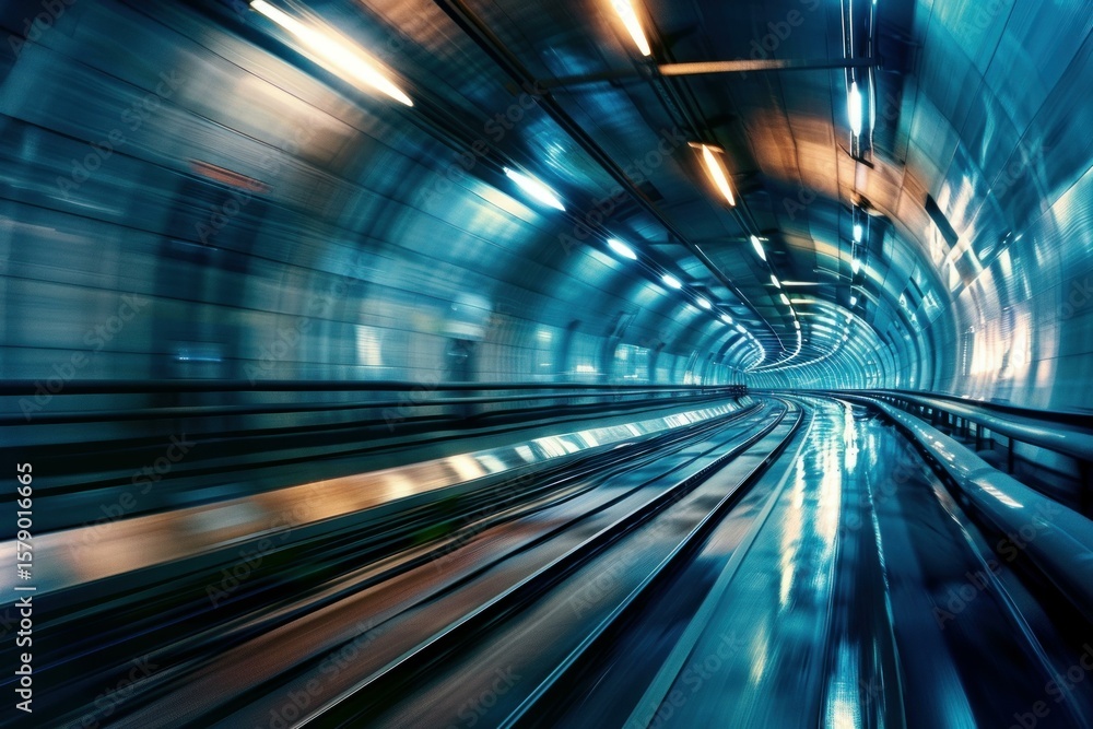 Poster subway train speeding inside a tunnel with motion blur effect, creating a sense of rapid transit and