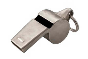 Metal sports whistle hanging from cord, silver-colored signaling communication during athletic events or urgent situations on clear backdrop