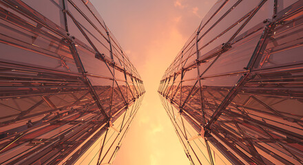 Two tall, modern glass buildings with reflective facades, seen from a low angle, capturing the golden glow of a sunset sky between them.
