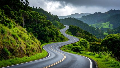 Naklejka premium Winding road through lush landscape
