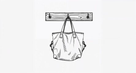 Fototapeta premium Wall mounted key holder with hanging bag line art hand drawing in plain white background