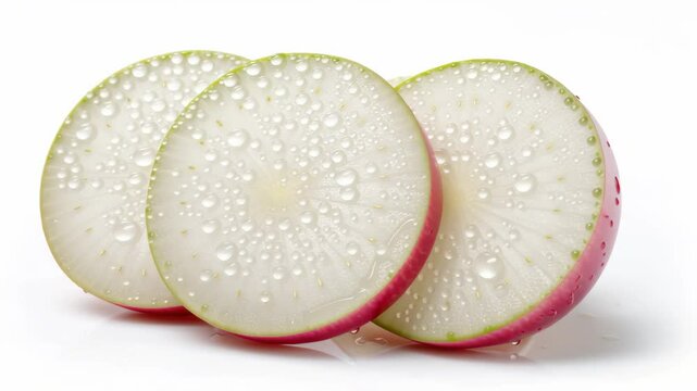 Slices of Fresh Daikon Radish with Water Droplets on White Background, Showcasing Crisp Texture and Vibrant Edges in Row