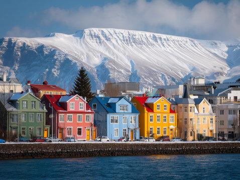 Reykjavik colorful houses and mountains - Powered by Adobe