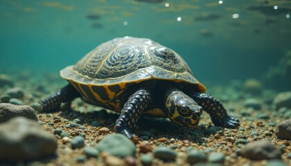 Turtle Walking on Gravel Bottom Underneath Clear Greenish Water