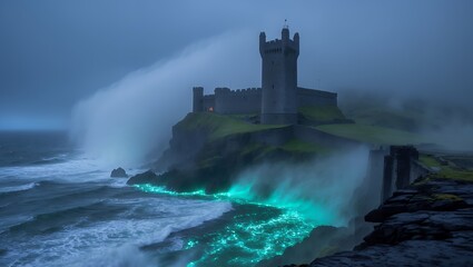 Castle on Cliff with Ocean Waves and Fog