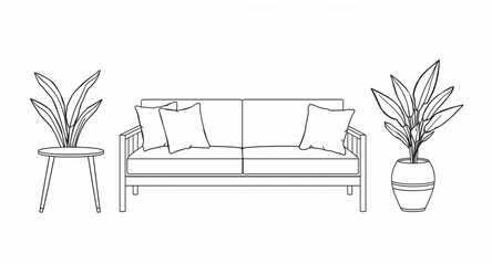Outdoor sofa with side table and potted plant line art hand drawing in plain white background