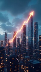 Rising Glowing Arrow Over Urban City Skyline at Dusk