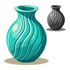 Two decorative ceramic vases in teal and grey with swirling striped designs isolated on white background