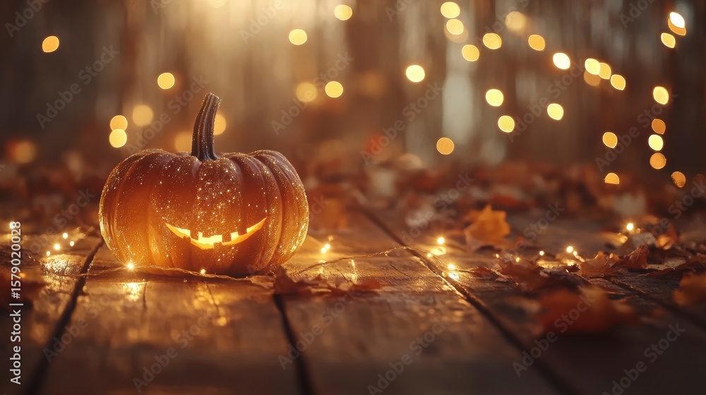 Canvas Prints illuminated jack-o'-lantern on rustic wooden surface with autumn leaves and bokeh lights.