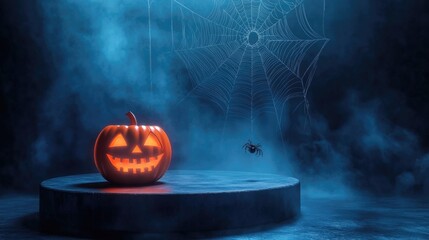 Glowing jack-o-lantern and a spider hanging on web in blue mist create spooky and festive Halloween scene. Perfect for holiday promotions, spooky events and seasonal decorations