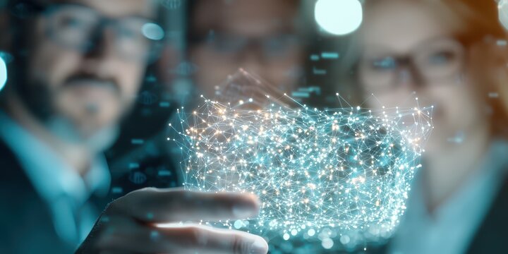 Business people meeting concept. Innovative technology visual with professionals analyzing a digital network structure.