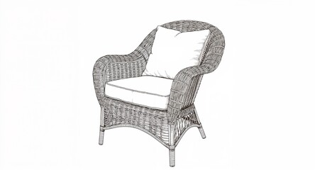 Wicker chair with thick cushions line art hand drawing in plain white background