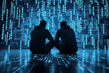 Business people meeting concept. Two figures sit against a digital backdrop of binary code, immersed in a tech-inspired environment.