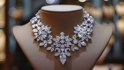 Luxury jewelry store having a focus on diamond jewelery necklace.
