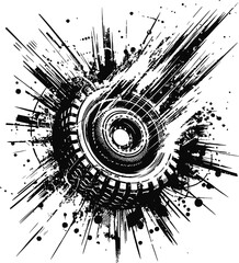 Abstract grunge illustration of a gear wheel with dynamic ink splash effects, combining mechanical and artistic motifs, emphasizing motion, energy, and creativity.