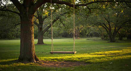 Obraz premium Classic wooden swing hanging from a large oak tree in a sun-dappled green park or backyard, evoking childhood and play. 