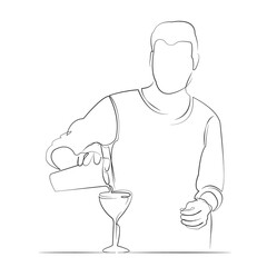 One continuous line drawing on white isolated background. Minimalism linear illustration. barkeeper, cocktail, drink, nightlife, occupation, person, preparation, adult, alcohol, bar