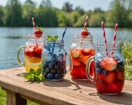 Refreshing fruit infused drinks in mason jars by the water strawberries blueberries
