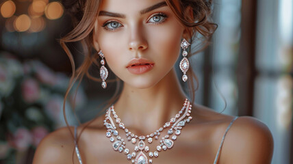 Model in set of jewellery. Luxury girl in shine jewelry from precious stones, diamonds. Beautiful woman in a necklace, earrings and big ring. Beauty and accessories.