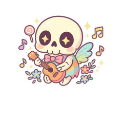 Fototapeta premium Cute cartoon skeleton with wings playing a guitar, surrounded by flowers, musical notes, stars, and a lollipop, dressed in a bow tie and colorful outfit.