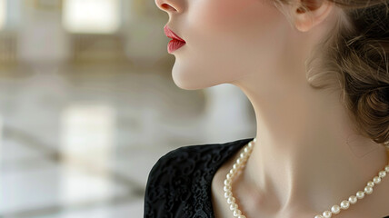 model wearing 2-3 minimalist pieces of cream colored pearl jewelry, focus on the jewelry, vintage lighting, creating a minimalist style on a white background, low quality so the pixels can be seen