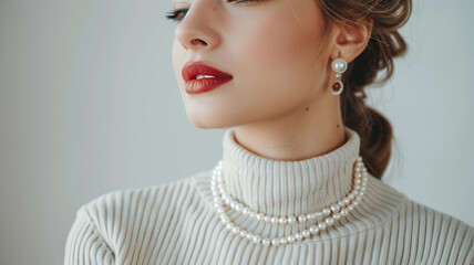 model wearing 2-3 minimalist pieces of cream colored pearl jewelry, focus on the jewelry, vintage lighting, creating a minimalist style on a white background, low quality so the pixels can be seen
