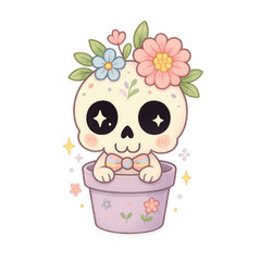 A cute skull with big sparkling eyes, adorned with colorful flowers, peeks out from a decorated flower pot with a bow tie.