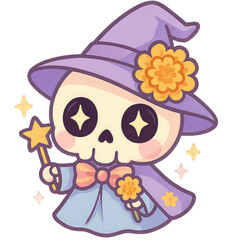 Cute cartoon skeleton wearing a purple wizard hat and cloak, holding a star wand and a flower, with sparkling eyes and a cheerful expression.