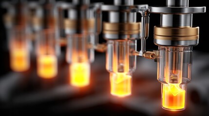 Industrial engine components with glowing, fiery elements