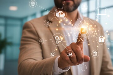 Businessman interacting with a digital AI interface representing advanced technology, with icons for connectivity, security, cloud, and data, showcasing innovation