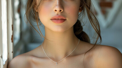 Name silver necklace on attractive female model. Woman wearing personalized necklace. Jewelry photo for e commerce, online sale, social media.