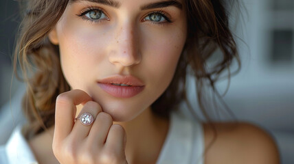 Natural stone diamond ring on finger of attractive girl in white shirt . Image for e-commerce, online sales, social media. face photo