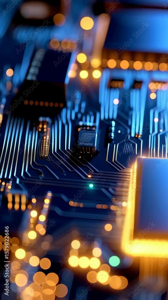 Poster depiction of a detailed and complex computer motherboard with intricate microchip components, glowin
